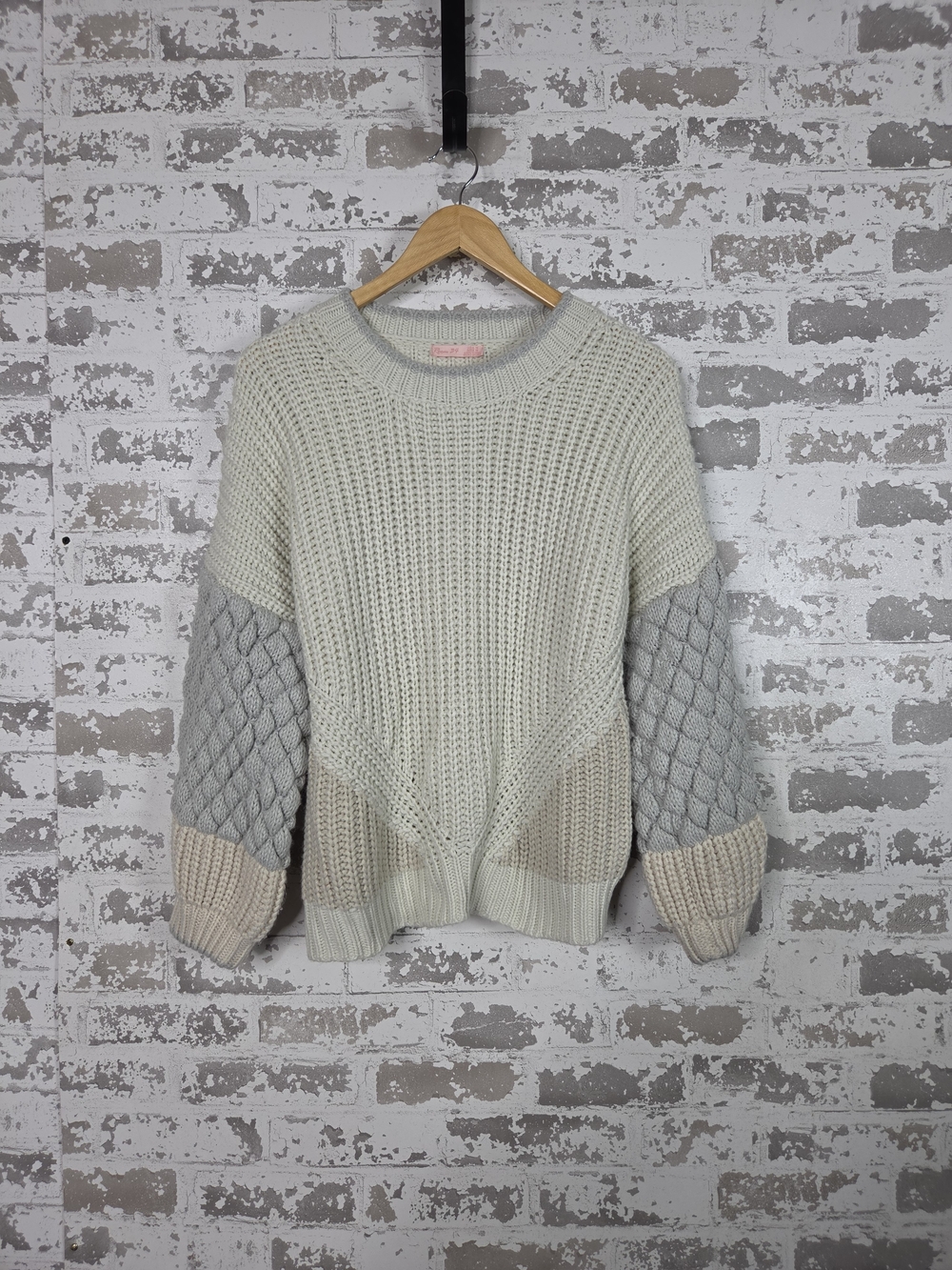 Dex Room 34 Mixed Knit Colorblock Balloon Sleeve Coquette Chunky Sweater Size M